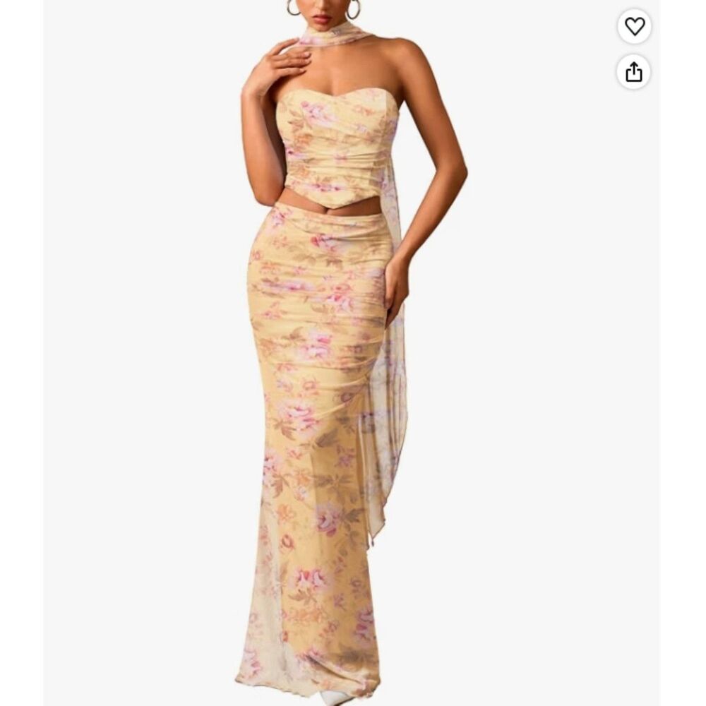 Floral Mesh Corset And Maxi Skirt Set Y2K Wedding Guest Prom 3 Pieces Outfit